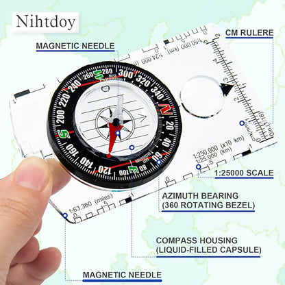 Multipurpose Outdoor Compass for Hiking, Scouting, Camping, and Navigation - Liquid-Filled, Transparent Base with Measuring Scales, Durable and Compact