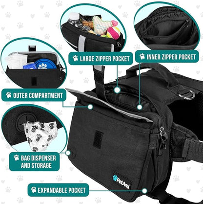 PetAmi Dog Backpack for Medium Large Dogs, Dog Saddle Bag for Dogs to Wear, Tactical Harness Saddlebag with Reflective Safety Side Pockets for Hiking, Camping, Vest Dog Pack for Travel (Black, Large)