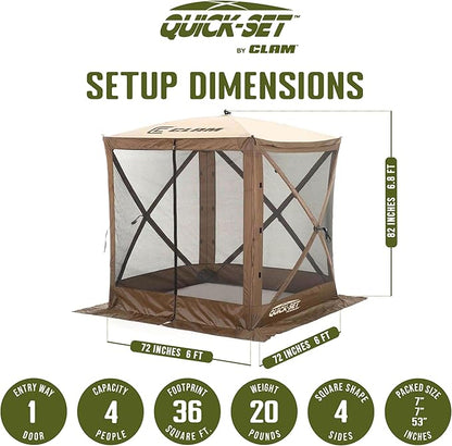 CLAM Pop Up Screen Tent, Outdoor Camping Gazebo Canopy, Traveler, 6' x 6', Brown