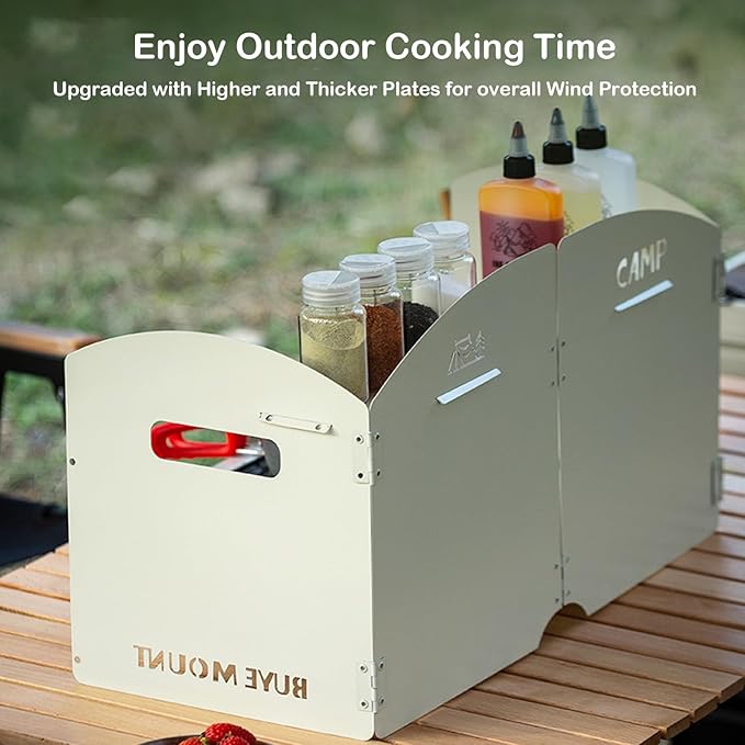 Stove Windscreen - Folding Camping Stove Windshield 4 Plates Stainless Steel Stove Windscreen with Shelf Board for Outdoor, Picnic, Backpacking and Cooking Beige