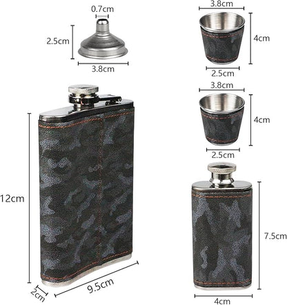 Hip Flask Gift Set, Hip Flasks for Liquor for Men with camouflage Leather Cover, 8 Oz Hip Flask, 18/8 Stainless Steel Hip Flasks, Flasks for Liquor for Men Gift Box