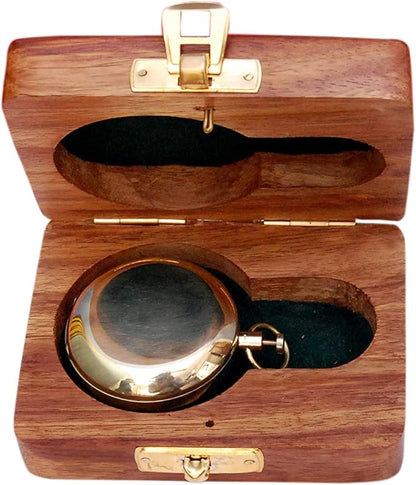 Brass Nautical Compass with Wooden Case - Antique Brass & Copper Sun Clock for Camping, Hiking, Touring - Engraved Gift for Him - Nautical Clock - Compass Gift