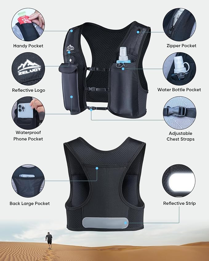 Running Vest for Women Men, USA Original Patent, Adjustable Chest Straps Running Hydration Vest with 500ml Soft Flask, Breathable Reflective Running Vest for Trail Running Hiking