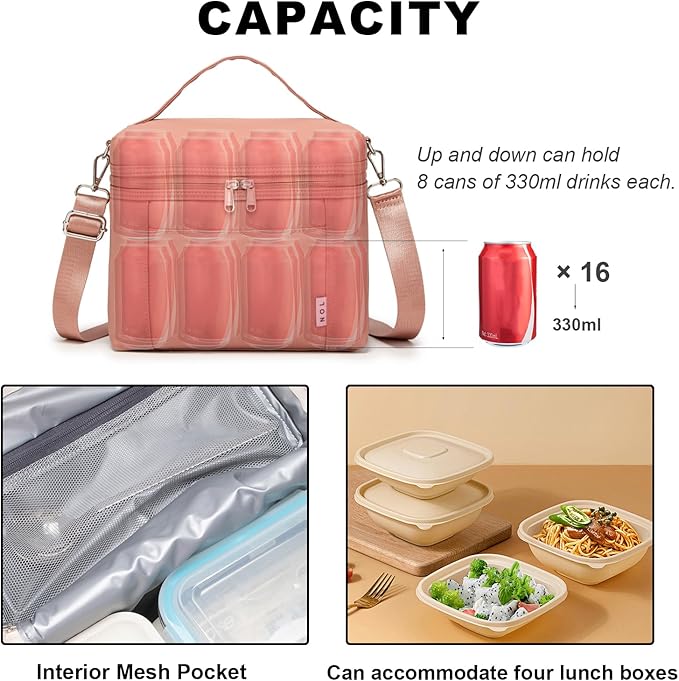 NOL Natural Organic Lifestyle Insulated Lunch Bags for Women Cooler Bag Lightweight Nylon Waterproof Lunch Box For Work (Dark Pink, Medium(normal))