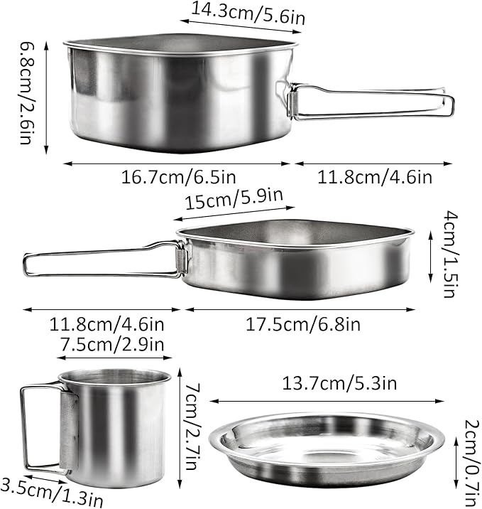 Backpacking Camping Cookware Mini Picnic Camping Cooking Mess Kit, Stainless Steel Pots Pan Plates Set for Hiking, Backpacking, Bushcraft and Picnic, Camping, Included Carry Bag