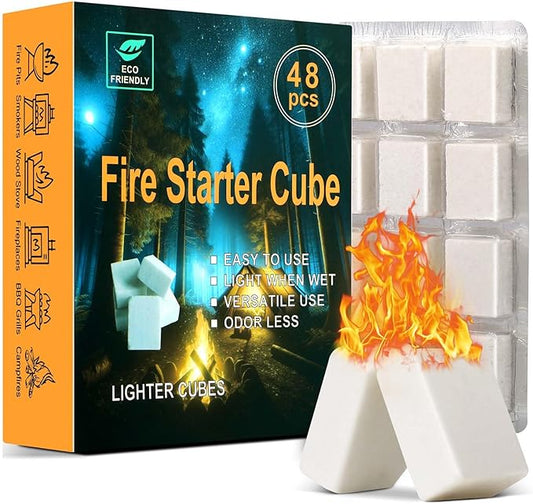 Fire Starter Squares for Campfires: All Weather Camping Fire Starters Cubes | Quick & Odorless Firestarters for Fireplaces | Wood Stove | Grills | Fire Pit | BBQ - 48 Count
