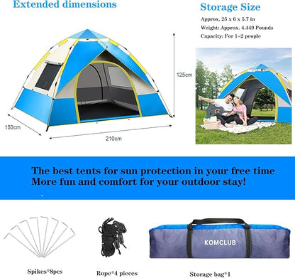 KOMCLUB Camping Tent 1/2/3 Person Tents for Family Camp Tent Waterproof Windproof Outdoor for Backpacking Hiking Easy Setup with Storage Bag,8 Ground ding,4 Windproof Rope