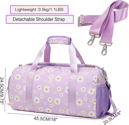 Dance Bag Ballet Bag for Girls Teen Travel Duffel Bags Sports Gym Bag Yoga Bags Cheer Bag Girls Weekender Bag Corduroy Daisy Dance Bag with Shoe Compartments（purple daisy）