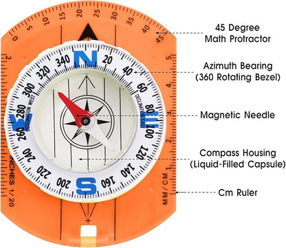 Posinly Advanced Orienteering Compass - Survival Whistle, Map Reading Field Compass for Camping, Hiking & Navigation, Great for Kids