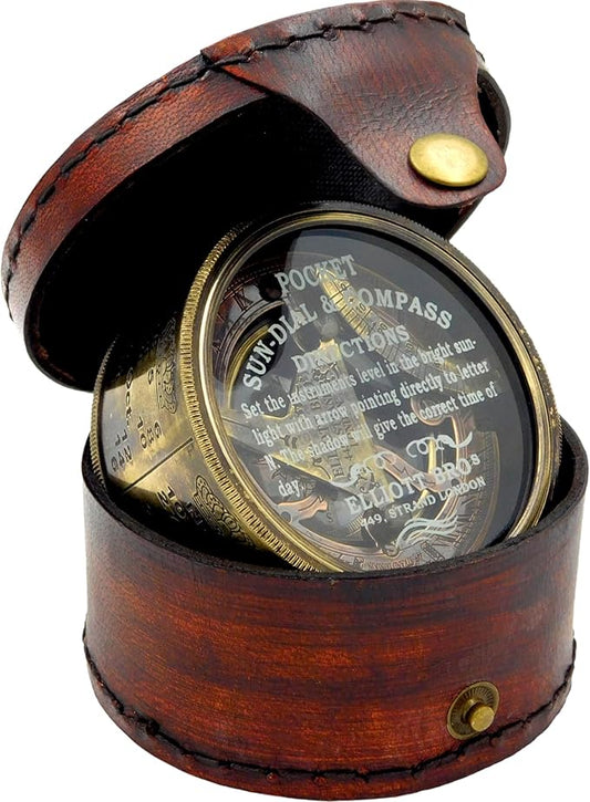 Brass Sundial Compass -Drum Sundial with Stamp Leather Box.Maritime Nautical Antiques Nautical Reproduction