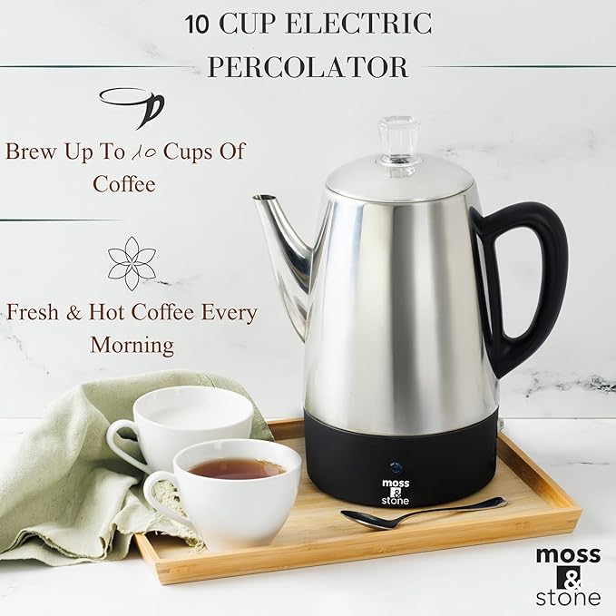 Moss & Stone Percolator Coffee Pot Electric 10 Cup, Stainless Steel Coffee Maker, Coffee Percolator Electric With Keep Warm Function, 10 Cups Stainless Steel Percolator With Coffee Basket