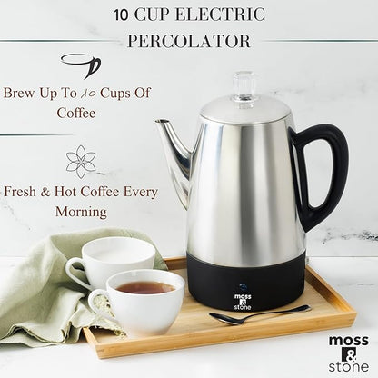 Moss & Stone Percolator Coffee Pot Electric 10 Cup, Stainless Steel Coffee Maker, Coffee Percolator Electric With Keep Warm Function, 10 Cups Stainless Steel Percolator With Coffee Basket