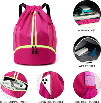 Drawstring Backpack Sports Gym Sackpack with Side Mesh Pockets Shoe Compartment Water Resistant String Bag for Women Men (Rose Red)