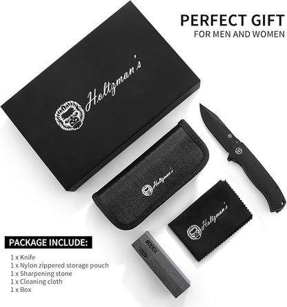 Holtzman's Gorilla Survival Folding Knife D2 Steel Blade G10 Handle Pocket Knife EDC Giftset for Men and Women (black blade + black handle)