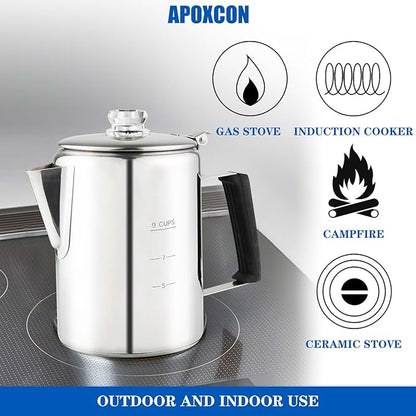 Multi Use Percolator Coffee Pot Stainless Steel Stove Top Coffee Maker with Two Borosilicate Glass Knob Silica Handle Camping Coffee Pot Using on Campfire Stove & Induction Cooker Silver 9 Cup