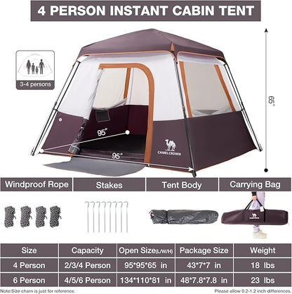 CAMEL CROWN Cabin Tent with 1-Minute Setup, 4/6 Person Instant Tent with Weatherproof Floor