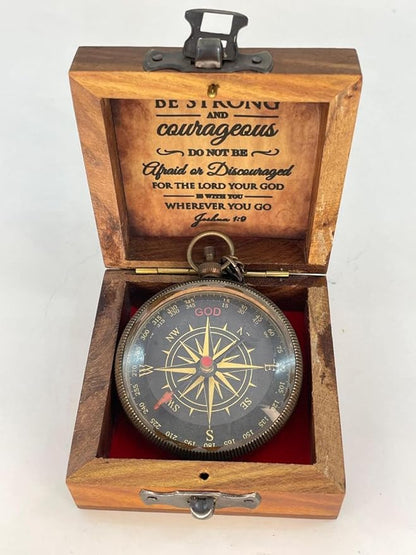 Antique Brass Compass Gift, Pocket Sundial Compass with Engraved Quote Be Strong and Courageous Perfect Compass Gifts for Men, Vintage Nautical Compass