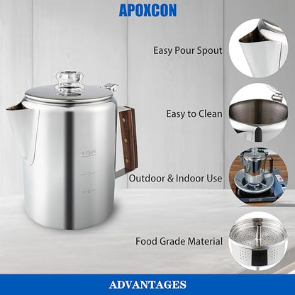 Coffee Percolator Camping Coffee Pot Stainless Steel Coffee Maker with Two Heat Resistant Tough Glass Knob Using on any Stovetop Outdoor Traveling NO Aluminum NO Plastic (9 Cup)