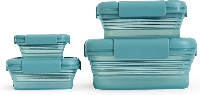 Stojo Nestable Collapsible Food Storage Container -Set of 4, Eucalyptus- Leak-Proof Airtight Seal Made With Food Grade Silicone For Meal Prep, Lunch Box, Pantry Organizer - Microwave & Dishwasher Safe