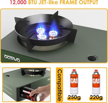OCTAVO 12,000 BTU Butane Countertop Stove with Carrying Case, Jet-like Flame Output Small Portable Camping Stove, Electronic Ignition, Mini Butane Gas Stove for Camping, Picnic, Outdoor