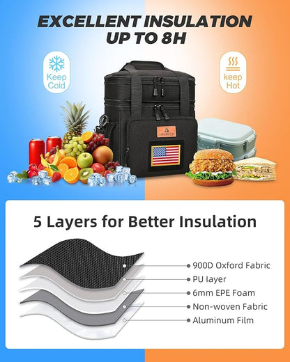HSHRISH Expandable Tactical Lunch Box, Double Deck Large Insulated Lunch Bag for Men, Durable Leakproof Cooler Bag for Adult Work Shift Outdoor Trips, 20 Can/16 L, Black