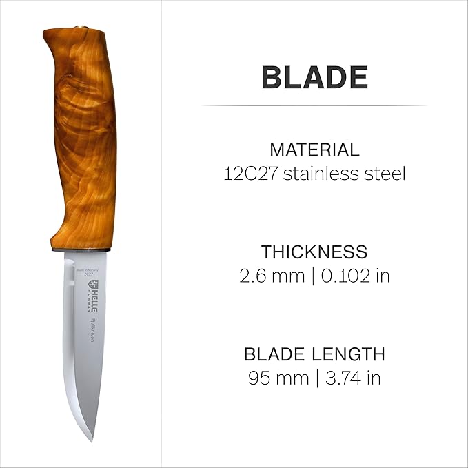 HELLE Knives - Fjellkniven - Fixed Blade - Classic Knife - Birch Wood Handle - 12C27 Stainless Steel - Made in Norway