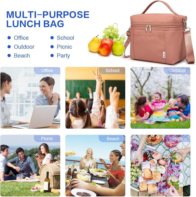 NOL Natural Organic Lifestyle Insulated Lunch Bags for Women Cooler Bag Lightweight Nylon Waterproof Lunch Box For Work (Dark Pink, Medium(normal))