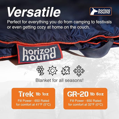Horizon Hound Down Camping Blanket - Outdoor Travel Blanket | Sustainable Insulated Down | Lightweight & Warm Quilt for Camping, Stadium, Hiking & Festival | Water Resistant, Packable & Compact