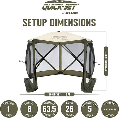 CLAM Quick Set Venture 9x9 Ft Portable Outdoor Camping Canopy Shelter, Green/Tan + Clam Quick Set Screen Hub Tent Wind & Sun Panels, Green (2 Pack)