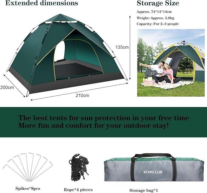 KOMCLUB Camping Tent 1/2/3 Person Tents for Family Camp Tent Waterproof Windproof Outdoor for Backpacking Hiking Easy Setup with Storage Bag,8 Ground ding,4 Windproof Rope