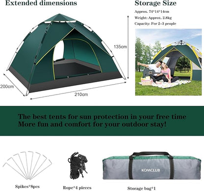 KOMCLUB Camping Tent 1/2/3 Person Tents for Family Camp Tent Waterproof Windproof Outdoor for Backpacking Hiking Easy Setup with Storage Bag,8 Ground ding,4 Windproof Rope