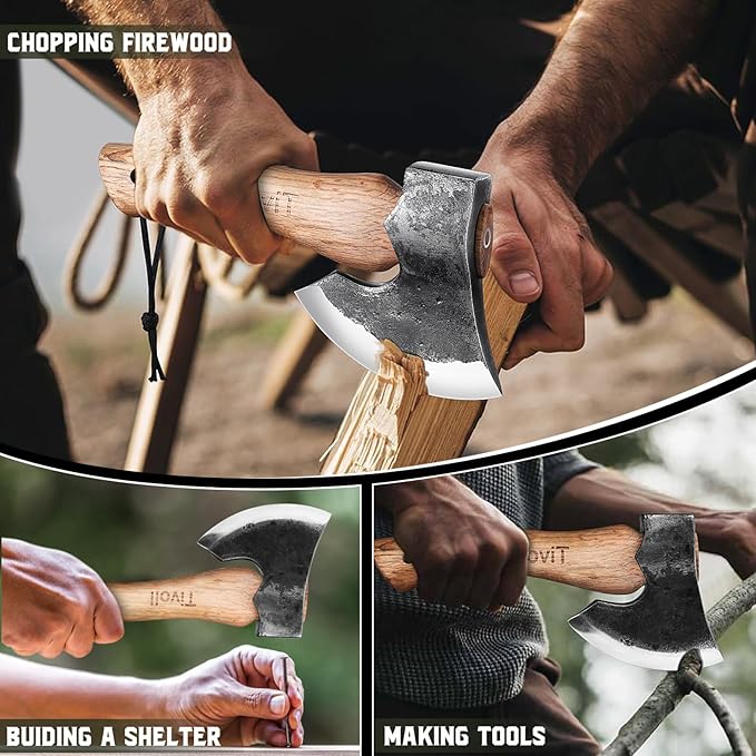Tivoli 9-inch Small Hatchet Camping Axe, Small Bushcraft Axe for Chopping Wood, Survival Axes and Hatchets, Hand Forged Carbon Steel Carving Axe, Ash Wood Handle, Retro Sheath