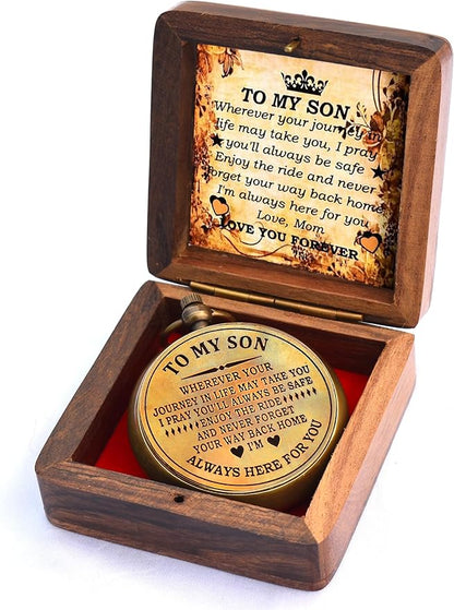 to My Son Compass with Wooden Box-Mom to Son Compass–Father to Son Gifts- to My Grandson -Graduation Day Gifts for Son-Birthday, Baptism, Graduation, Confirmation, Communion Compass for Women Men