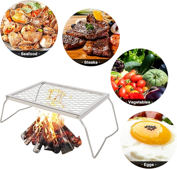 REDCAMP Folding Stainless Campfire Grill Heavy Duty Steel Grate, Portable Camp Fire Cooking Racks for Over Fire Pit