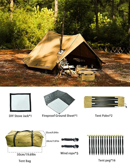 Hot Tent with Stove Jack – 4 Season Waterproof & Windproof Shelter for 1–4 People, Lightweight for Camping, Hiking, Hunting & Fishing