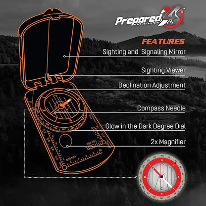 PREPARED4X Hiking Compass Survival – Mirror Sighting Map Orienteering Compass – with 35-Ft 550 Survival Paracord Lanyard, Fire Starter, Whistle, Fishing Line, Tinder Cord