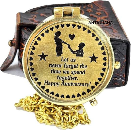 Brass Compass Unique Print ' Happy Anniversary ' Engraved Compass with Leather Case and Chain A Great Gift Item for Your Loved One