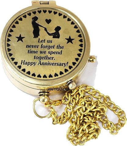 Brass Compass Unique Print ' Happy Anniversary ' Engraved Compass with Leather Case and Chain A Great Gift Item for Your Loved One