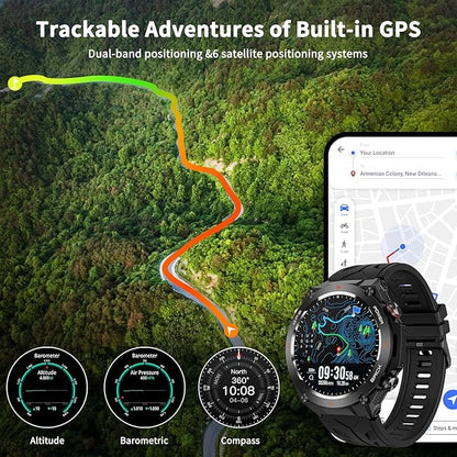 Military Smart Watch with GPS, Pressure/Altitude/Compass, Rugged Smartwatch for Men with 650mAh Extra-Large Battery, Answer/Make Call, 100+ Sports Mode, Metal Body Fitness Tracker for Android iOS