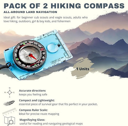 Pack of 2 Orienteering Compass Hiking-Compasses boy Scout Kids- Magnetic Gear Set Navigation map- Brujulas orientacion-Backpacking Camping Hunting Survival.