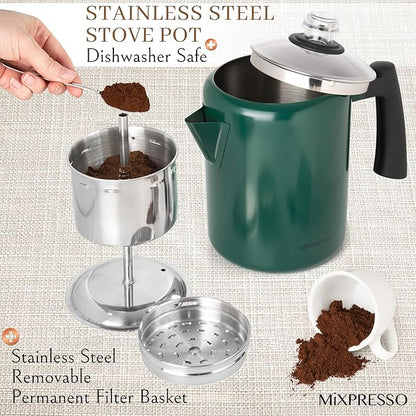 Mixpresso Green Stainless Steel Coffee Percolator Stovetop, 37oz Classic Percolator Coffee Pot, Excellent For Camping Pot, 5-8 Cup Stove Top Coffee Maker, Cool-Touch Handle