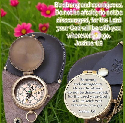 Collectibles Gallery Handmade Brass Compass with Leather case | Small Pocket Compass | Material- Brass (Be Strong and Courageous Brass Engraved Compass)
