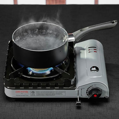 Portable Butane Camping Stove, Piezo Click Ignition, 15,000 BTU Output, Double Wind-Guard Portable Stove Burner for Emergency, Tailgating, Hiking, Backpacking, Camping Essentials by Chef Master #90019