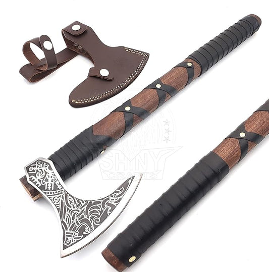 SHINY CRAFTS -Axes Viking Axe Hatchet Norse Axe Best Tomahawk Viking Bearded Axe- Beautiful Camping Axe Best Gift for Him with Leather Sheath (VBA 15A)