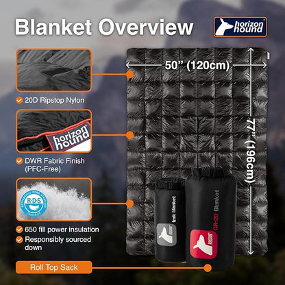 Horizon Hound Down Camping Blanket - Outdoor Travel Quilt | Sustainable, Insulated, Lightweight & Warm Gear for Sleep, Camping, Stadium, Hiking & Festivals | Water Resistant, Packable & Compact