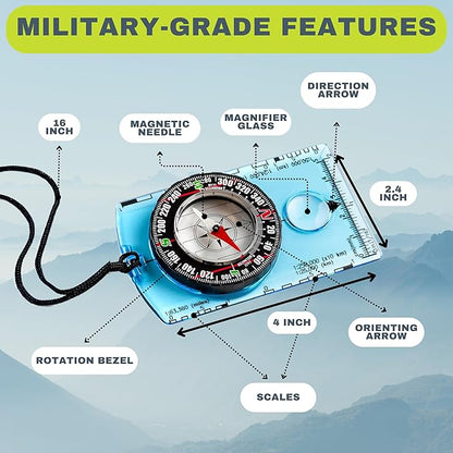 Pack of 2 Orienteering Compass Hiking-Compasses boy Scout Kids- Magnetic Gear Set Navigation map- Brujulas orientacion-Backpacking Camping Hunting Survival.