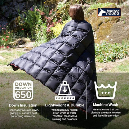 Horizon Hound Down Camping Blanket - Outdoor Travel Blanket | Sustainable Insulated Down | Lightweight & Warm Quilt for Camping, Stadium, Hiking & Festival | Water Resistant, Packable & Compact