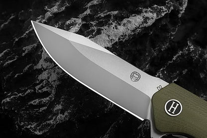 Holtzman's Gorilla Survival Folding Knife D2 Steel Blade G10 Handle Pocket Knife EDC Giftset for Men and Women (half stonewashed half silver blade + green handle (LM042))