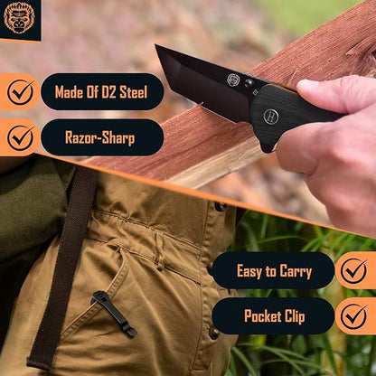 Holtzman's Gorilla Survival Folding Knife D2 Steel Blade G10 Handle Pocket Knife EDC Giftset for Men and Women (black blade + black/orange liner)