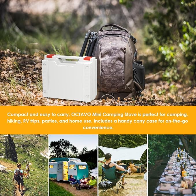 OCTAVO 12,000 BTU Butane Countertop Stove with Carrying Case, Jet-like Flame Output Small Portable Camping Stove, Electronic Ignition, Mini Butane Gas Stove for Camping, Picnic, Outdoor
